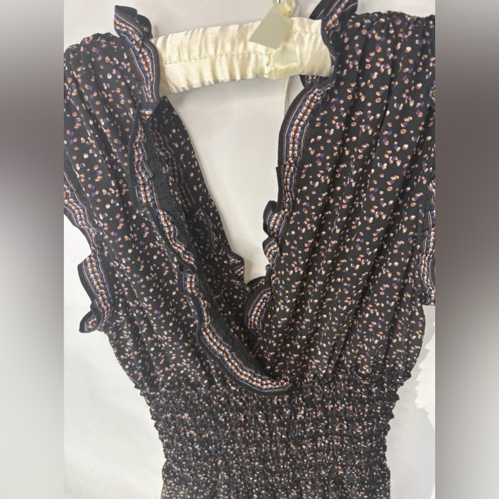 Max Studio London Dark Floral Wide Leg Romper Deep V Ruffle Sleeve Women's S